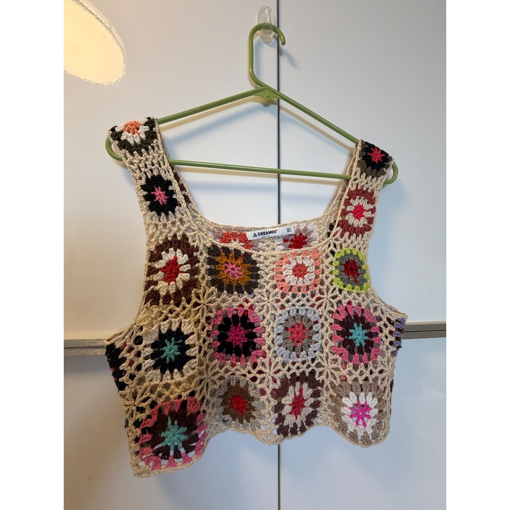 Dreamer Multi Color Granny Square Crochet Crop Tank Top Beige Women Size M
